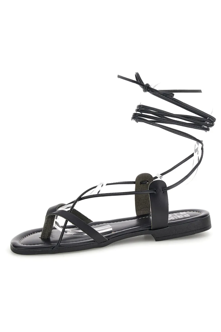 Sandali neri in vera pelle Made in Italy con lacci Prima riga 711
