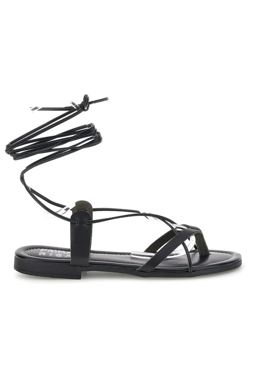 Sandali neri in vera pelle Made in Italy con lacci Prima riga 711