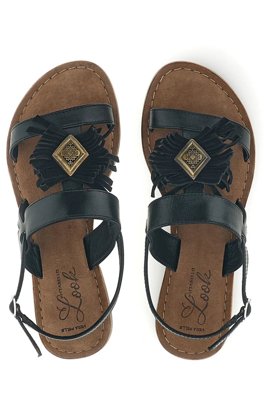 Sandali neri in vera pelle con frange Pittarello look IF10277