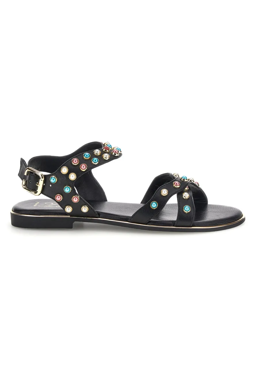 Sandali neri in vera pelle con borchie multicolor Pittarello look IF6980