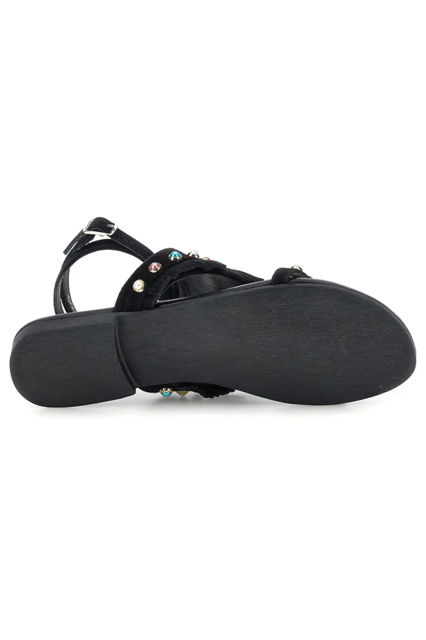 Sandali neri in vera pelle infradito con frange e borchie Pittarello look IF6856