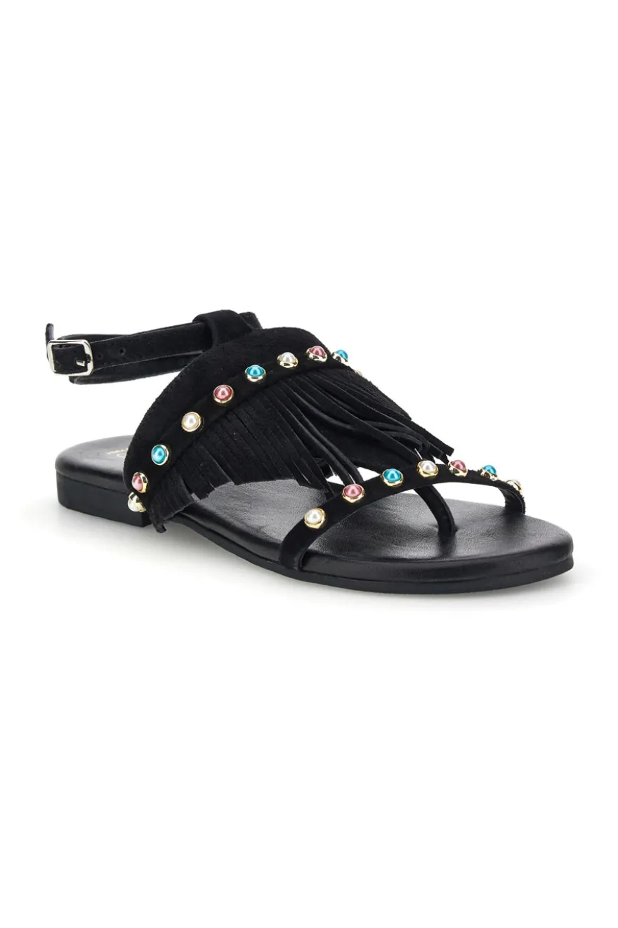 Sandali neri in vera pelle infradito con frange e borchie Pittarello look IF6856