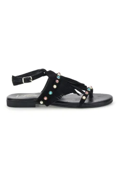 Sandali neri in vera pelle infradito con frange e borchie Pittarello look IF6856