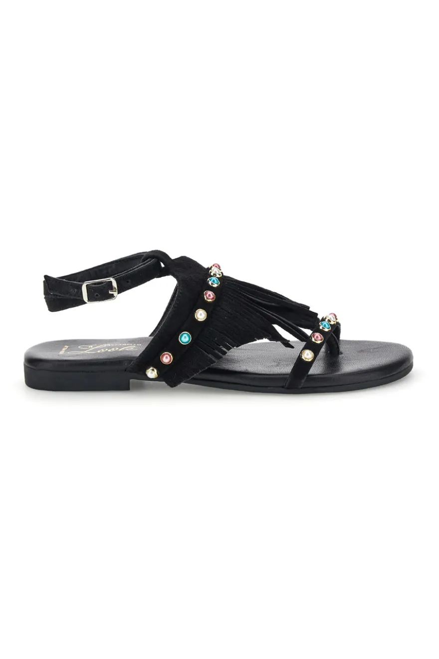 Sandali neri in vera pelle infradito con frange e borchie Pittarello look IF6856