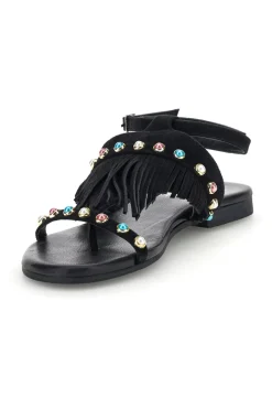 Sandali neri in vera pelle infradito con frange e borchie Pittarello look IF6856