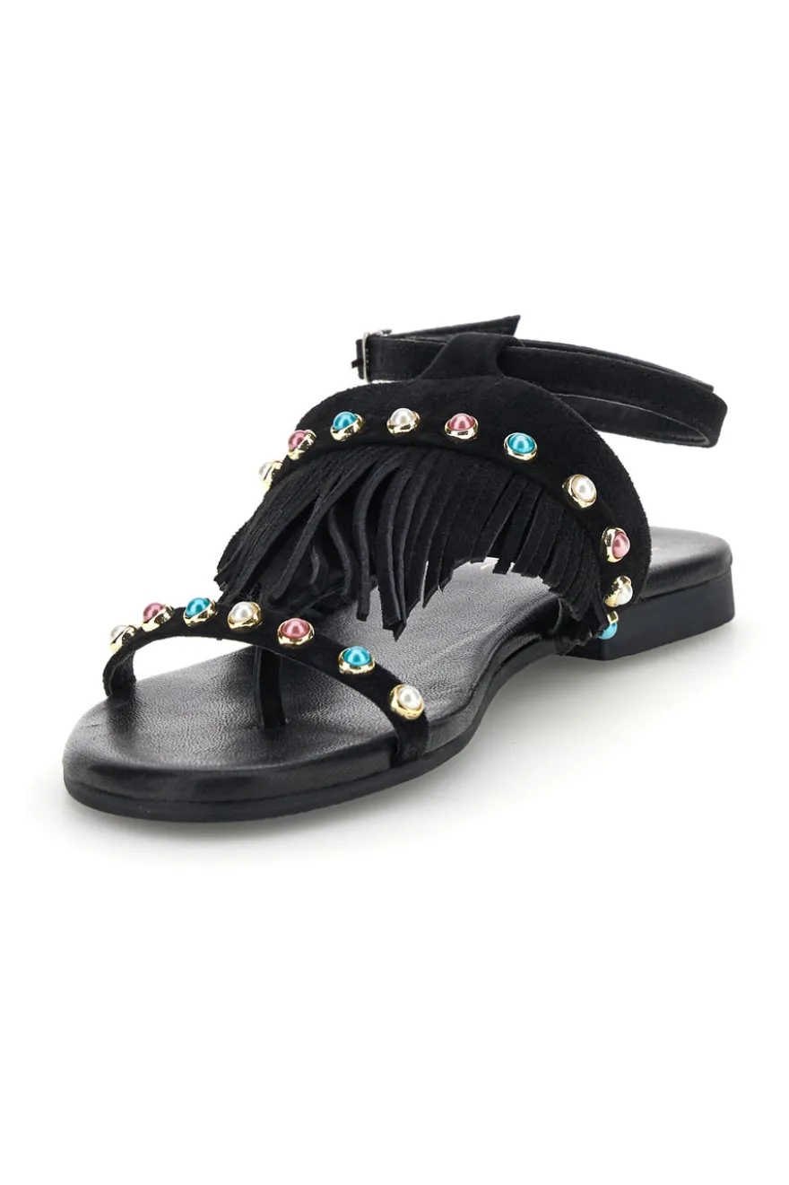 Sandali neri in vera pelle infradito con frange e borchie Pittarello look IF6856