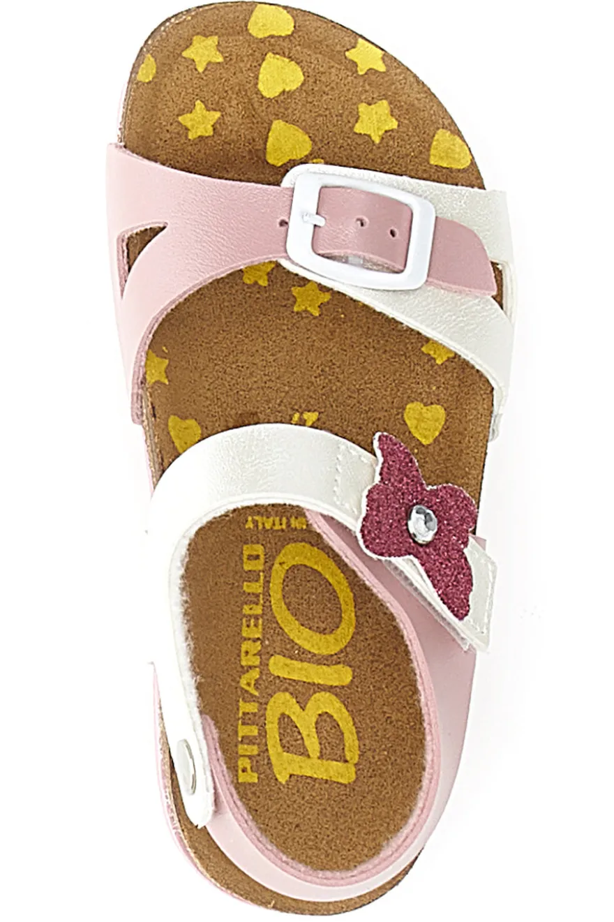 Sandali rosa e bianchi con fiocco glitter e plantare preformato Pittarello Bio 257A157SR
