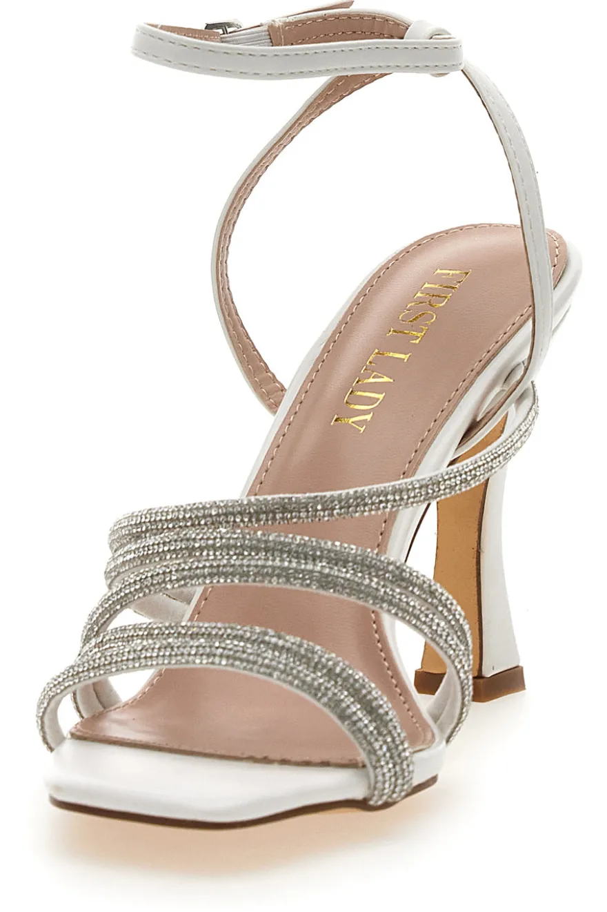 Sandalo Gioiello Bianco Con Strass e Tacco Alto FIRST LADTY P538