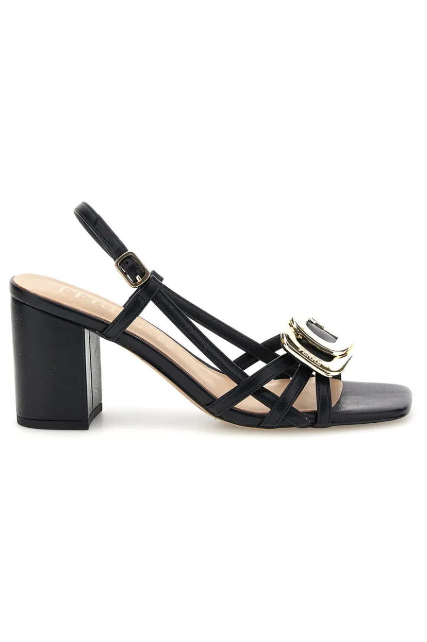 Sandalo nero con tacco e sottopiede in pelle Ferre F884