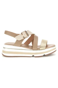 Sandalo oro e nocciola con zeppa e cinturino frontale Mariella Burani 52191C1581