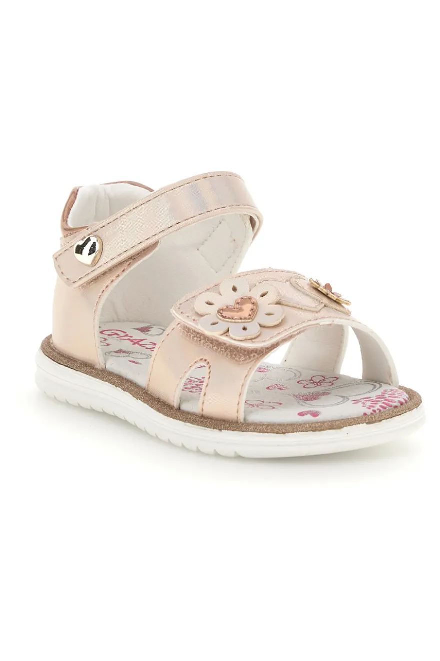 Sandalo Rosa Cipria Metallizzato con Applicazione Floreale e Strappo Grazie Girl 23012
