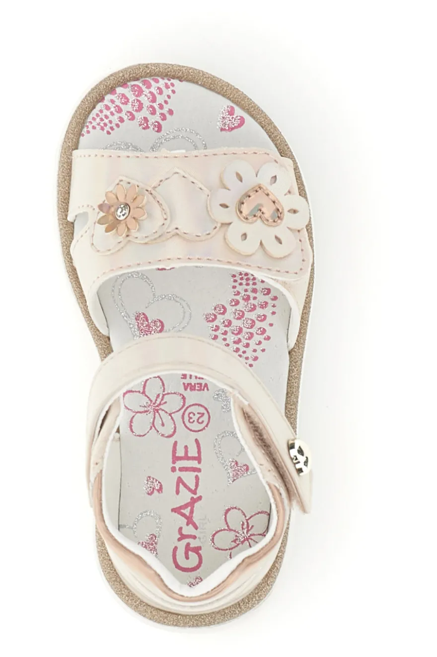 Sandalo Rosa Cipria Metallizzato con Applicazione Floreale e Strappo Grazie Girl 23012