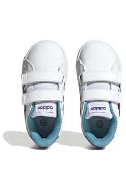 Scarpe bianche con strisce blu e chiusura a strappo Adidas Grand Court 2 CF I