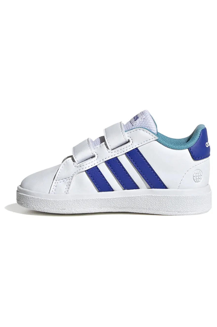 Scarpe bianche con strisce blu e chiusura a strappo Adidas Grand Court 2 CF I
