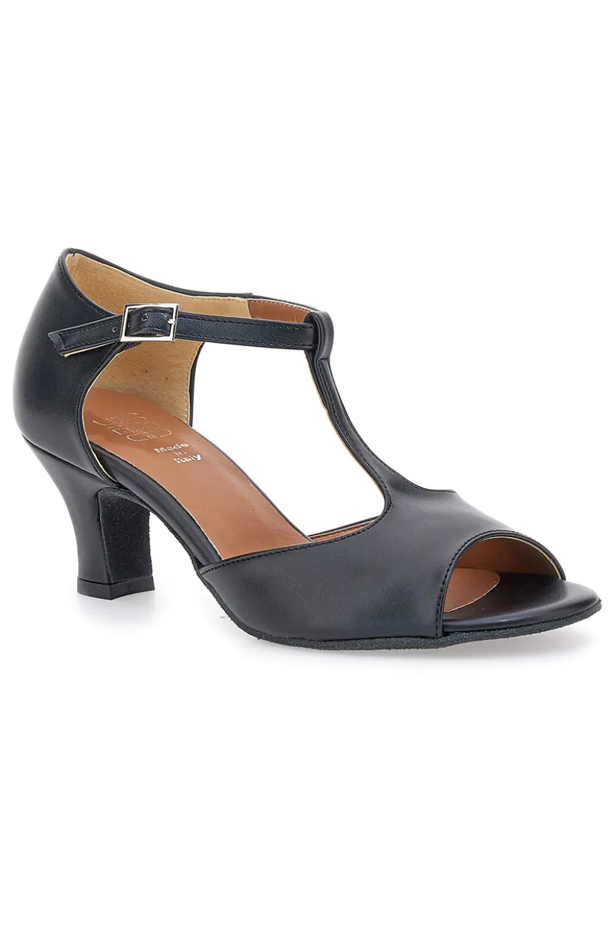 Scarpe da ballo nere open toe con cinturino a T e suola in pelle Mon dieu 117