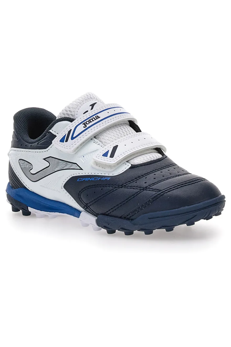 Scarpe da calcetto blu e bianche con doppio strappo Joma Cancha JR 2503