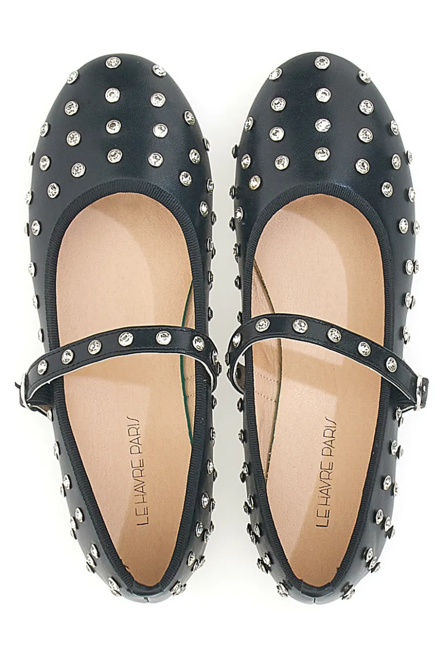 Schwarze Ballerinas mit Nieten und Riemen LE HAVRE PARIS PL25801