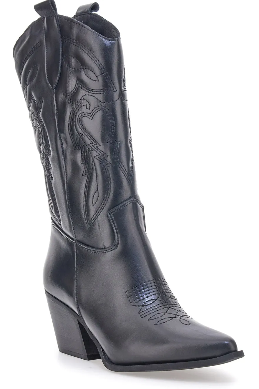 Schwarze bestickte texanische Lederstiefeletten Pittarello love TEX901RN