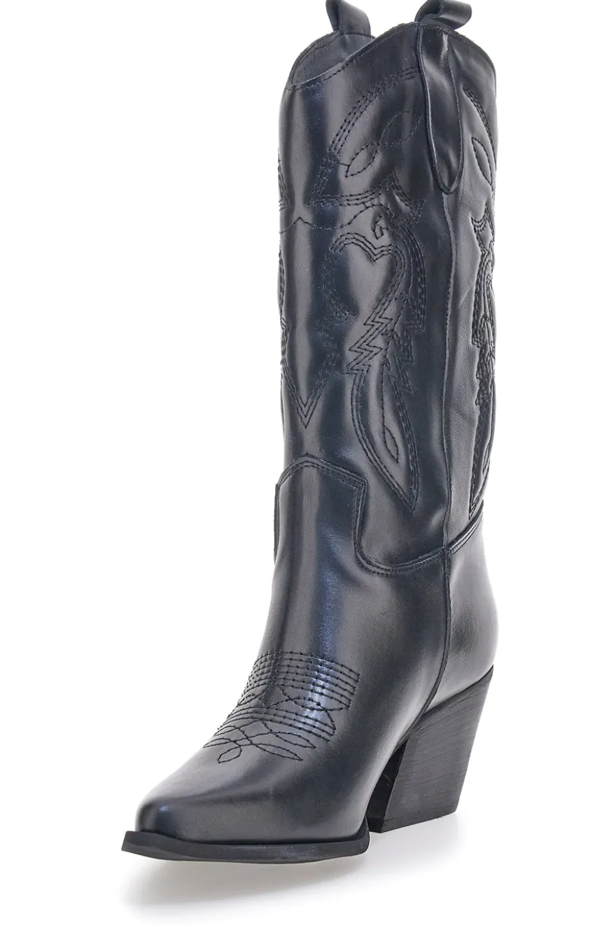 Schwarze bestickte texanische Lederstiefeletten Pittarello love TEX901RN