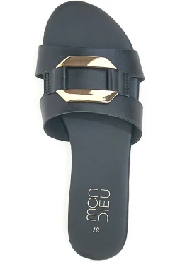 Schwarze flache Hausschuhe mit dickem Band und metallischer Verzierung MON DIEU PREA1310