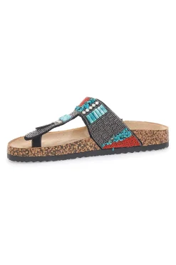 Schwarze Flip-Flops mit blauen und roten Steinen FIRST ROW 14179