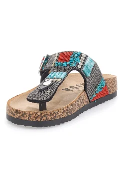Schwarze Flip-Flops mit blauen und roten Steinen FIRST ROW 14179