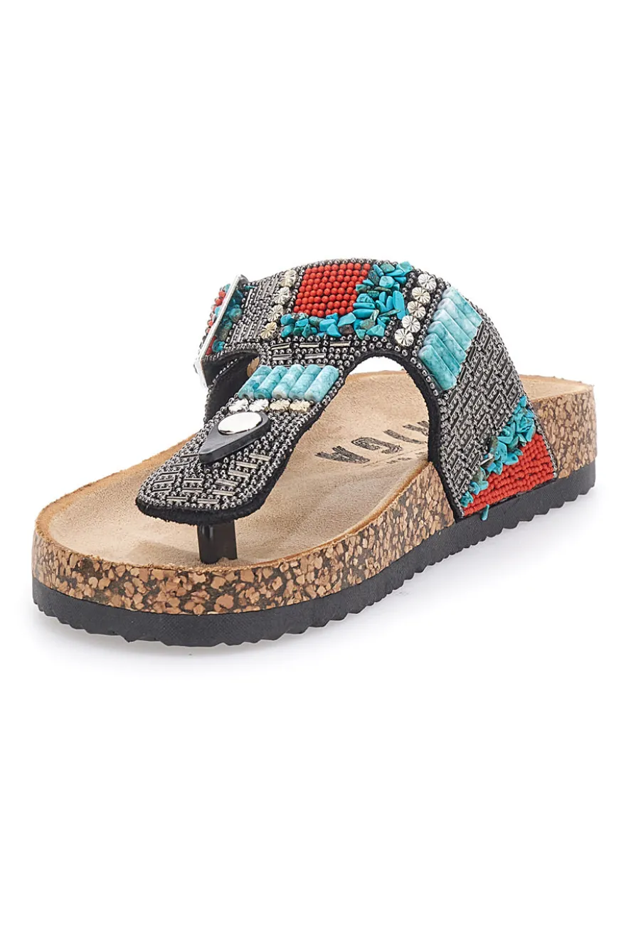 Schwarze Flip-Flops mit blauen und roten Steinen FIRST ROW 14179