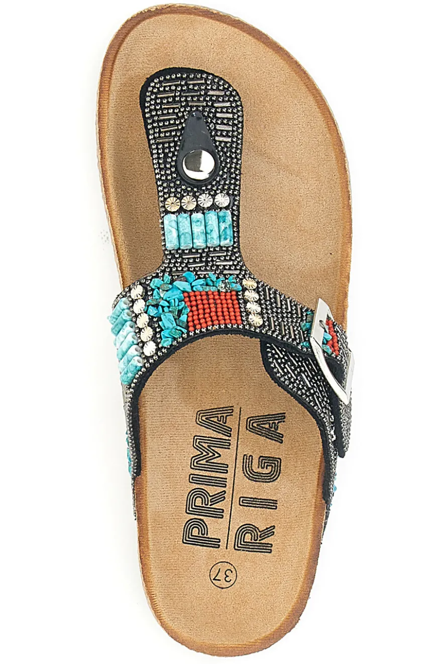 Schwarze Flip-Flops mit blauen und roten Steinen FIRST ROW 14179