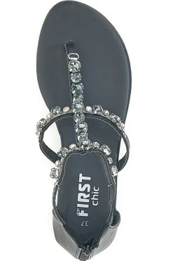 Schwarze Flip-Flop-Sandalen mit Schmucksteinen und Reißverschluss hinten THE FIRST CHIC PREA482