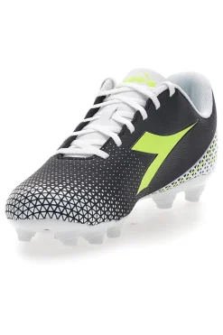 Schwarze Fußballschuhe für festen Untergrund mit gelbem Diadora Pichichi 6 Mg14-Logo