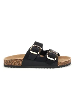 Schwarze Hausschuhe mit doppeltem Riemen und Zierschnallen Me & Me 14604