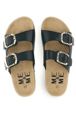 Schwarze Hausschuhe mit doppeltem Riemen und Zierschnallen Me & Me 14604