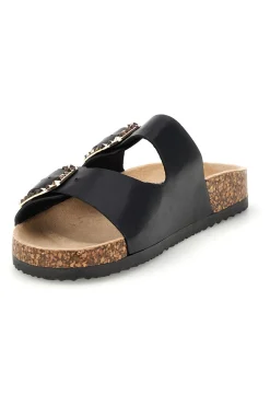 Schwarze Hausschuhe mit doppeltem Riemen und Zierschnallen Me & Me 14604