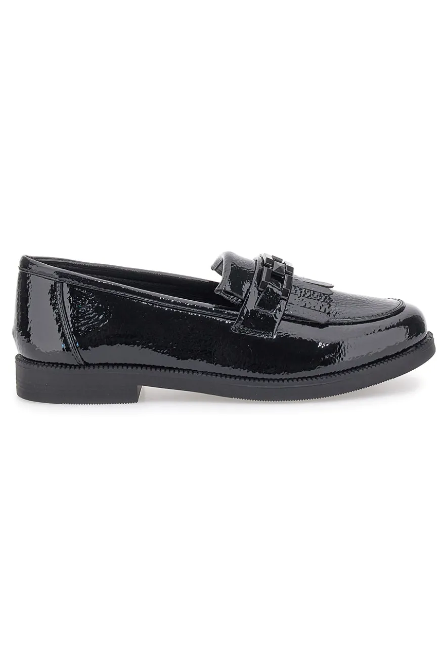 Schwarze Lack-Loafer mit Fransen und Prima Riga-Riemen MINA1995