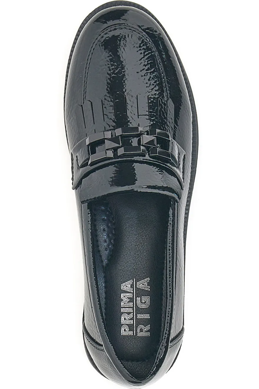 Schwarze Lack-Loafer mit Fransen und Prima Riga-Riemen MINA1995