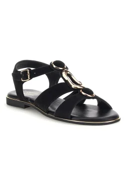 Schwarze Sandalen aus echtem Leder mit ovalen Metall-Accessoires im Pittarello-Look IF10328