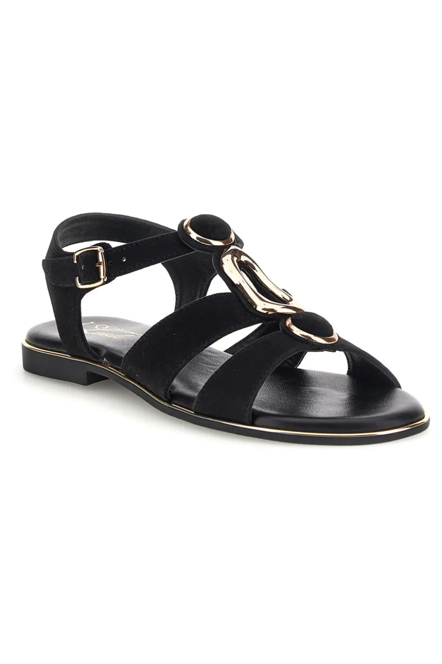 Schwarze Sandalen aus echtem Leder mit ovalen Metall-Accessoires im Pittarello-Look IF10328