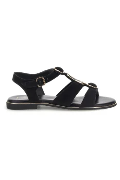 Schwarze Sandalen aus echtem Leder mit ovalen Metall-Accessoires im Pittarello-Look IF10328