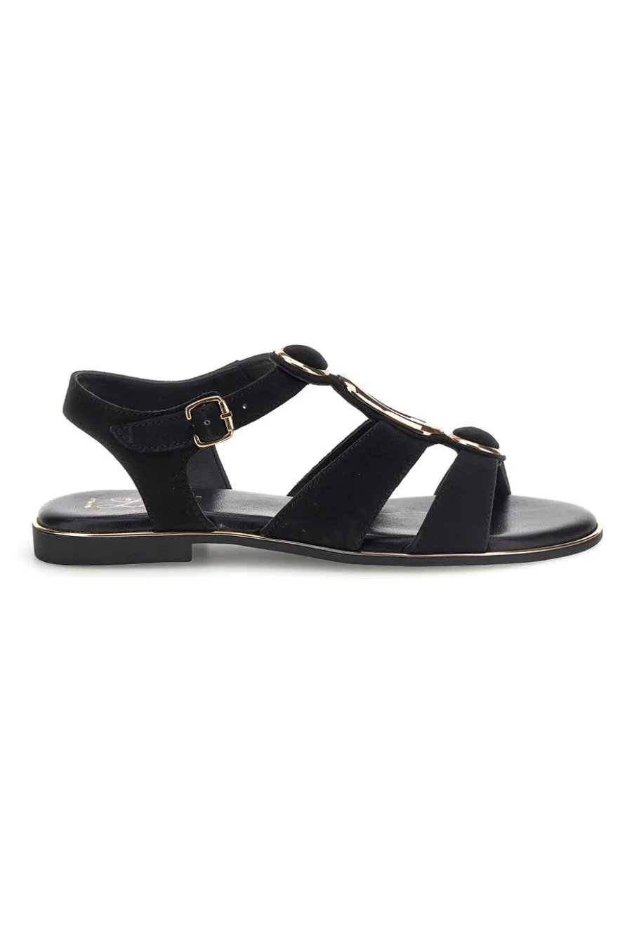 Schwarze Sandalen aus echtem Leder mit ovalen Metall-Accessoires im Pittarello-Look IF10328