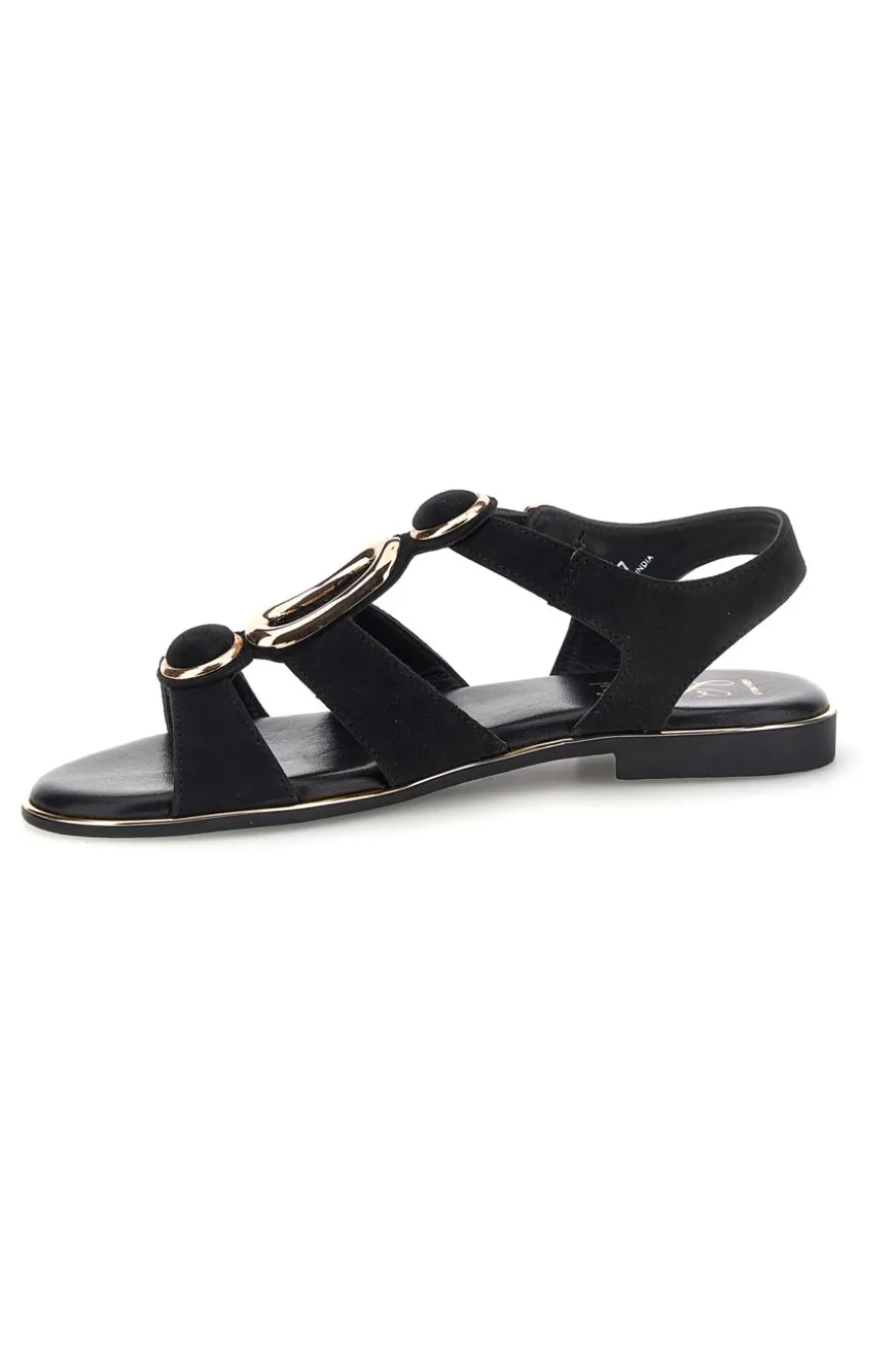 Schwarze Sandalen aus echtem Leder mit ovalen Metall-Accessoires im Pittarello-Look IF10328