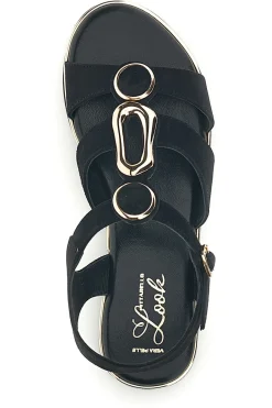 Schwarze Sandalen aus echtem Leder mit ovalen Metall-Accessoires im Pittarello-Look IF10328