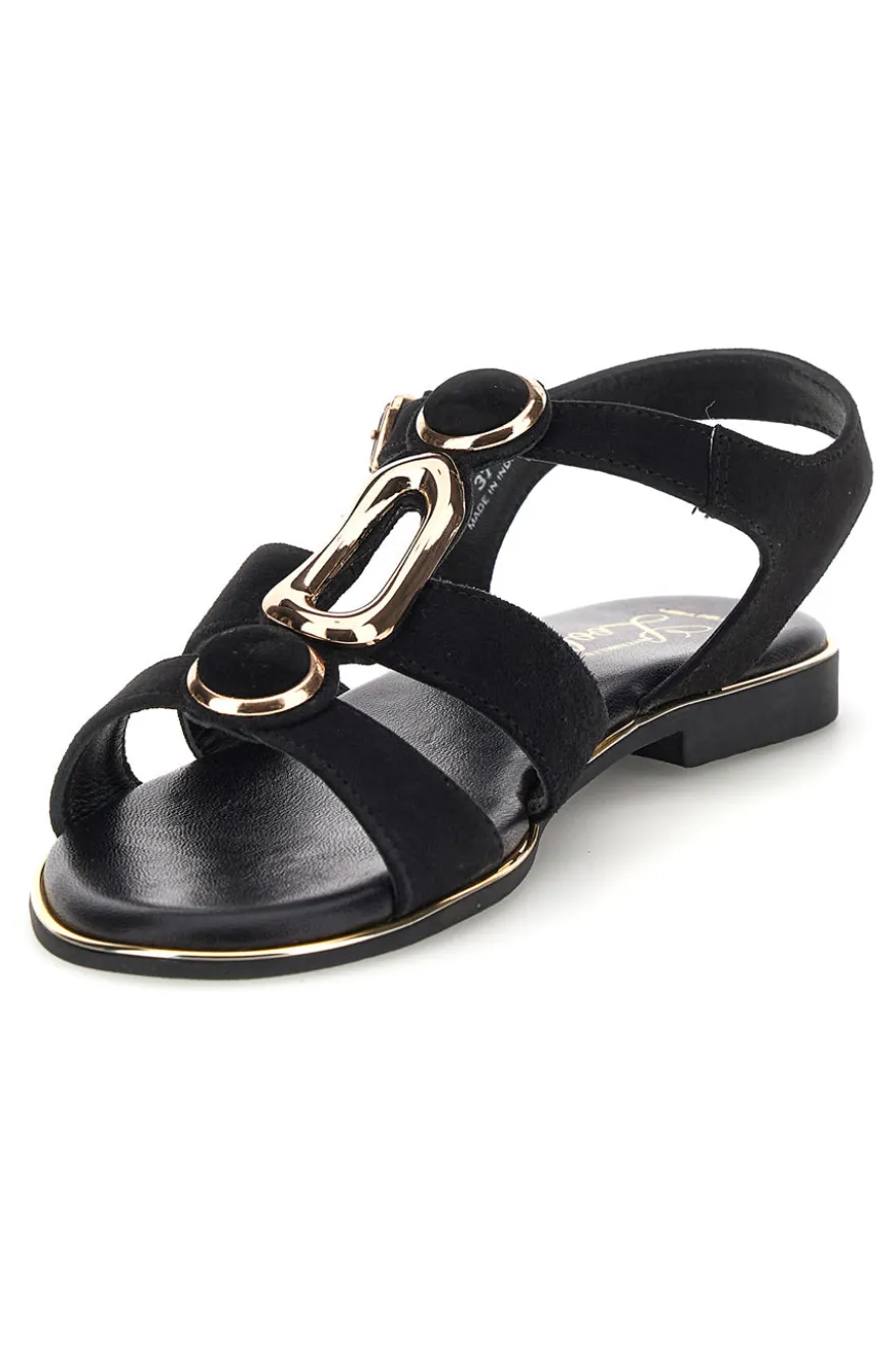 Schwarze Sandalen aus echtem Leder mit ovalen Metall-Accessoires im Pittarello-Look IF10328