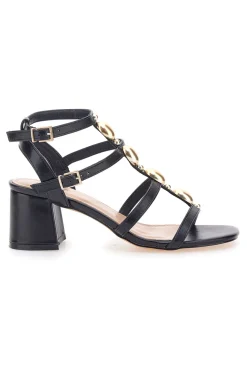 Schwarze Sandalen mit goldenen Steinen und breitem Absatz Mon Dieu 1644