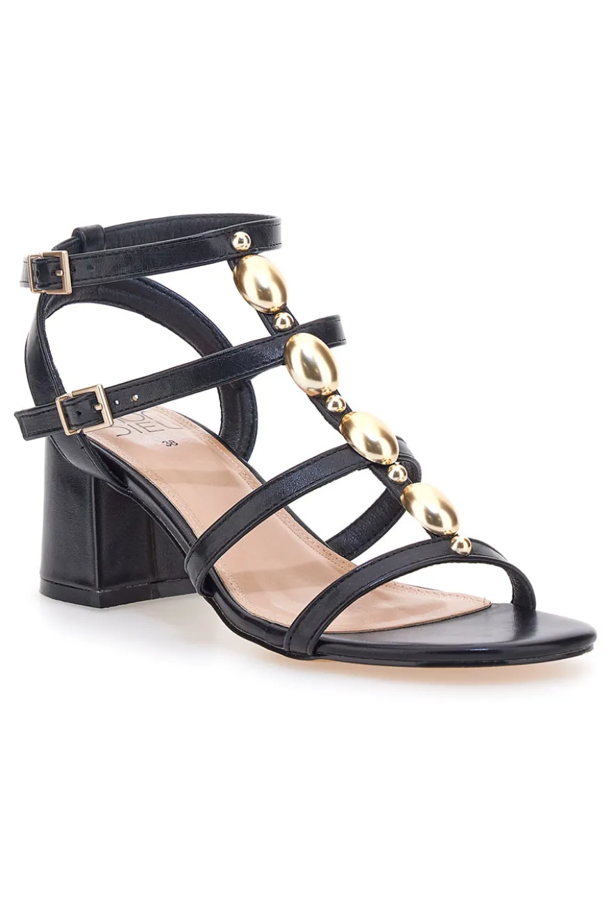 Schwarze Sandalen mit goldenen Steinen und breitem Absatz Mon Dieu 1644