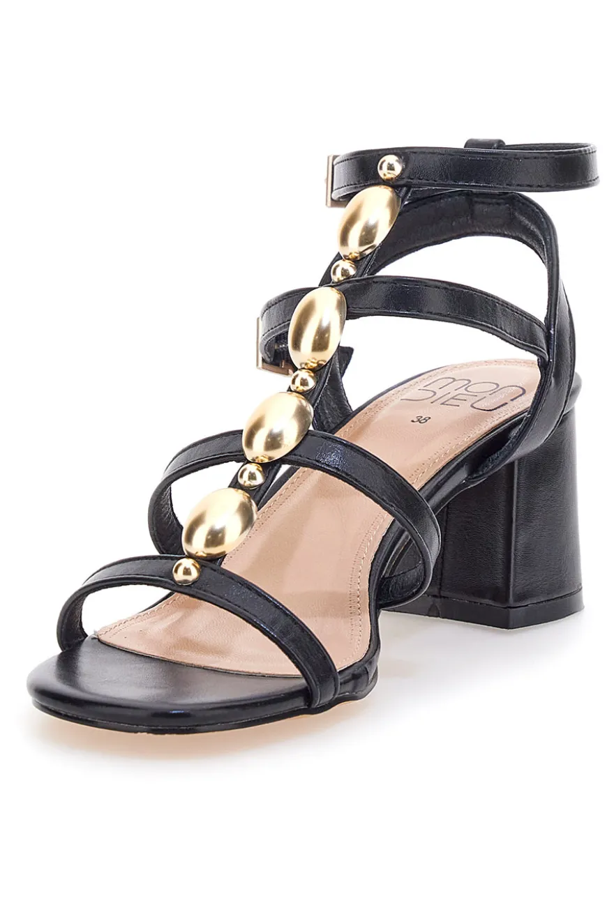 Schwarze Sandalen mit goldenen Steinen und breitem Absatz Mon Dieu 1644