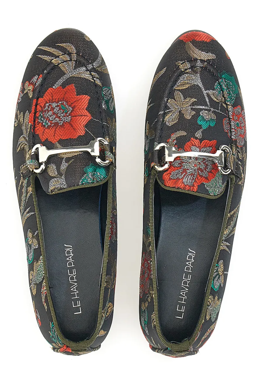 Schwarze Slipper mit Blumen Le Havre Paris 23546