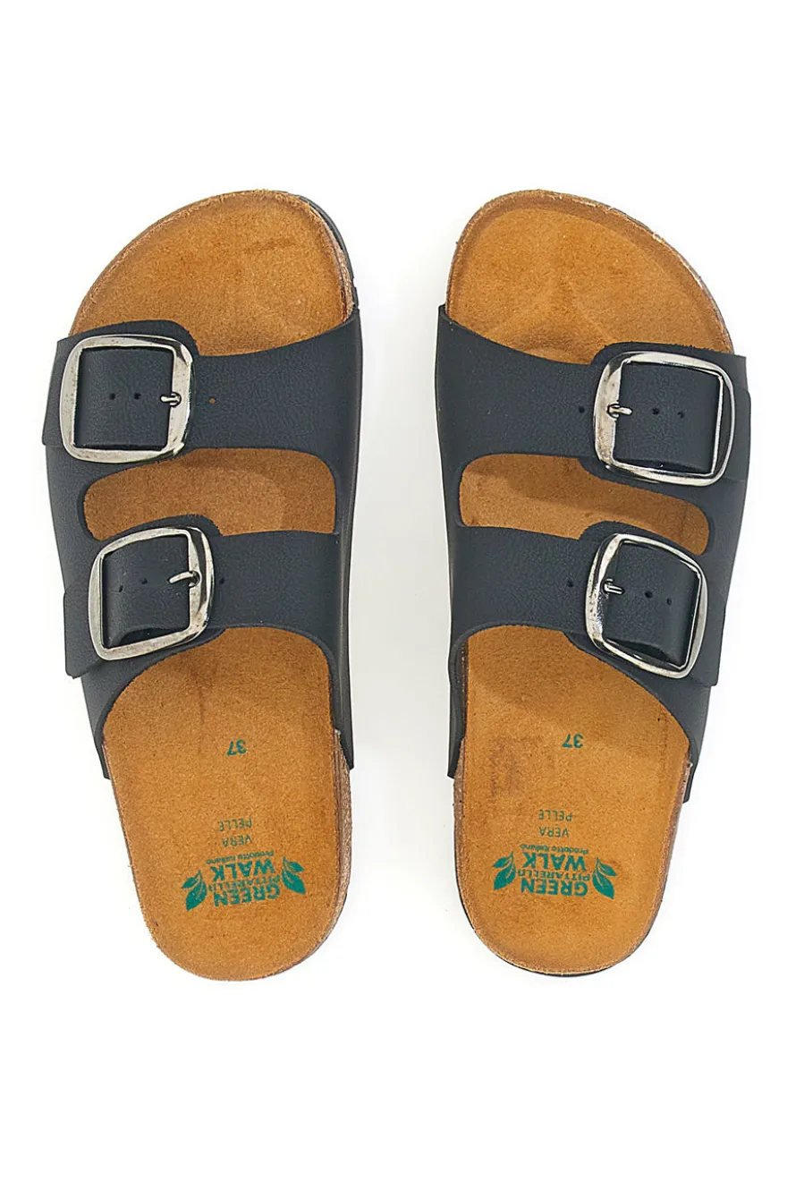 Schwarze Slipper mit doppelter Schnalle, Lederinnensohle und rutschfester Sohle Pittarello Green Walk 335CF20630SR