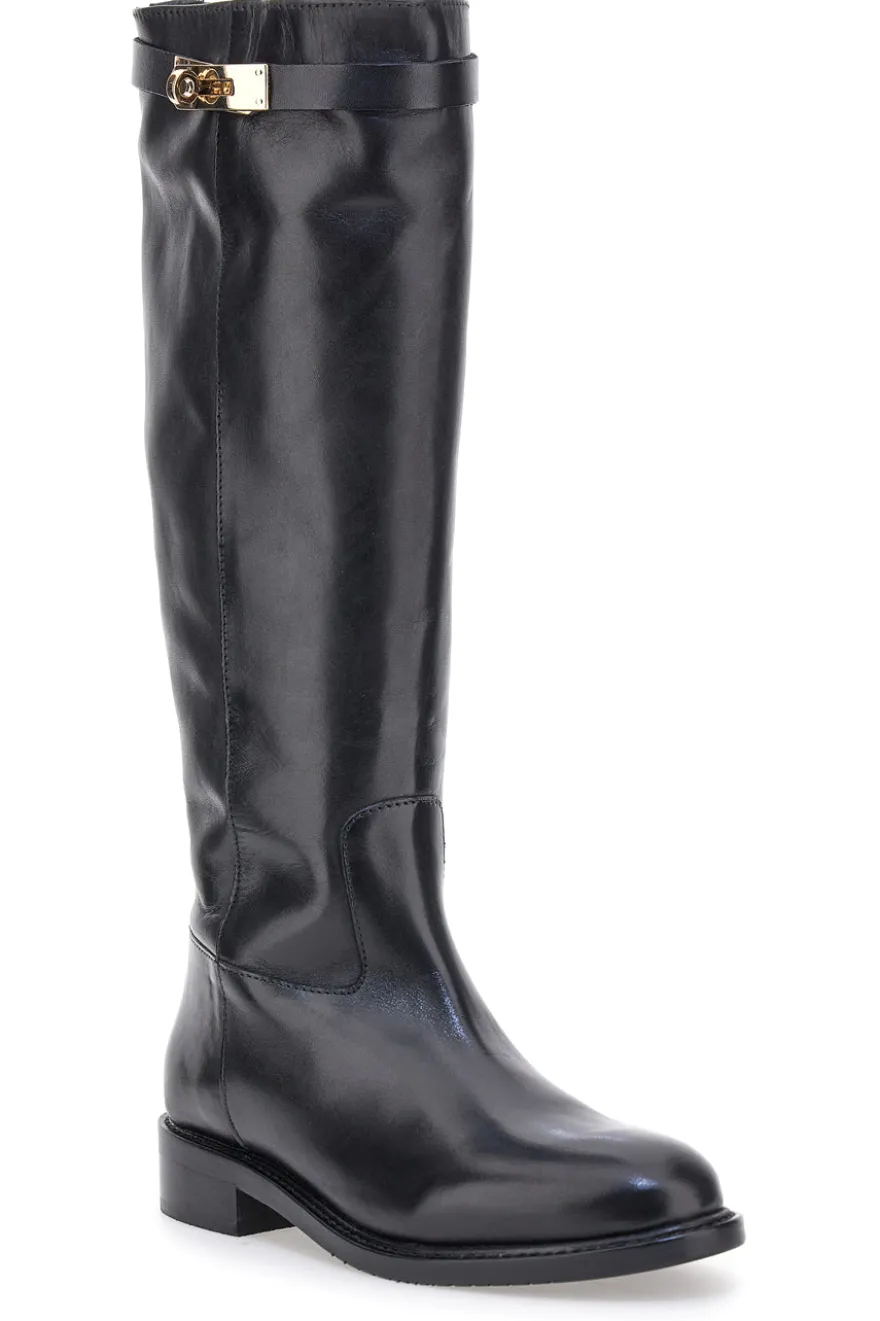 Schwarze Stiefel aus echtem Leder mit goldener Schnalle Pittarello Class RF24L37M