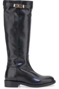 Schwarze Stiefel aus echtem Leder mit goldener Schnalle Pittarello Class RF24L37M