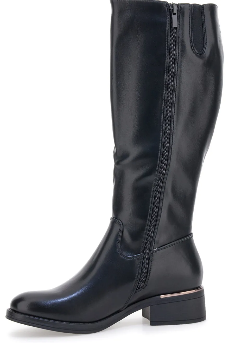 Schwarze Stiefel mit metallischen Einsätzen und niedrigem Absatz Energy I256